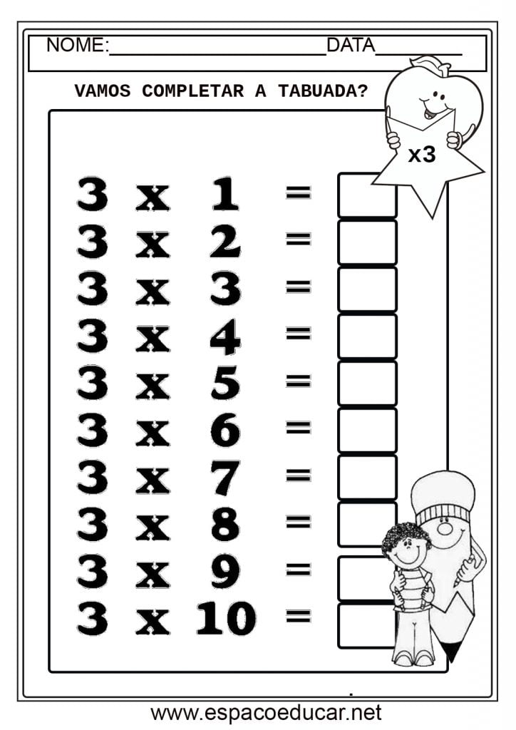 Tabuada do 3 com quadrinhos para completar com o resultado.