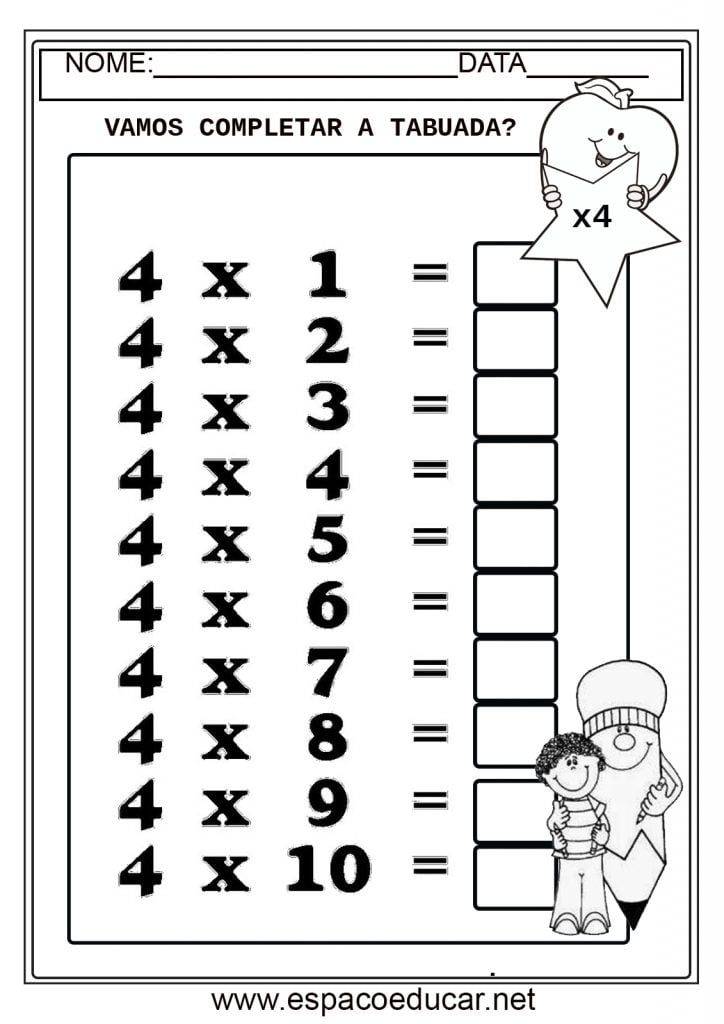 Tabuada do 4 para completar com os resultados.