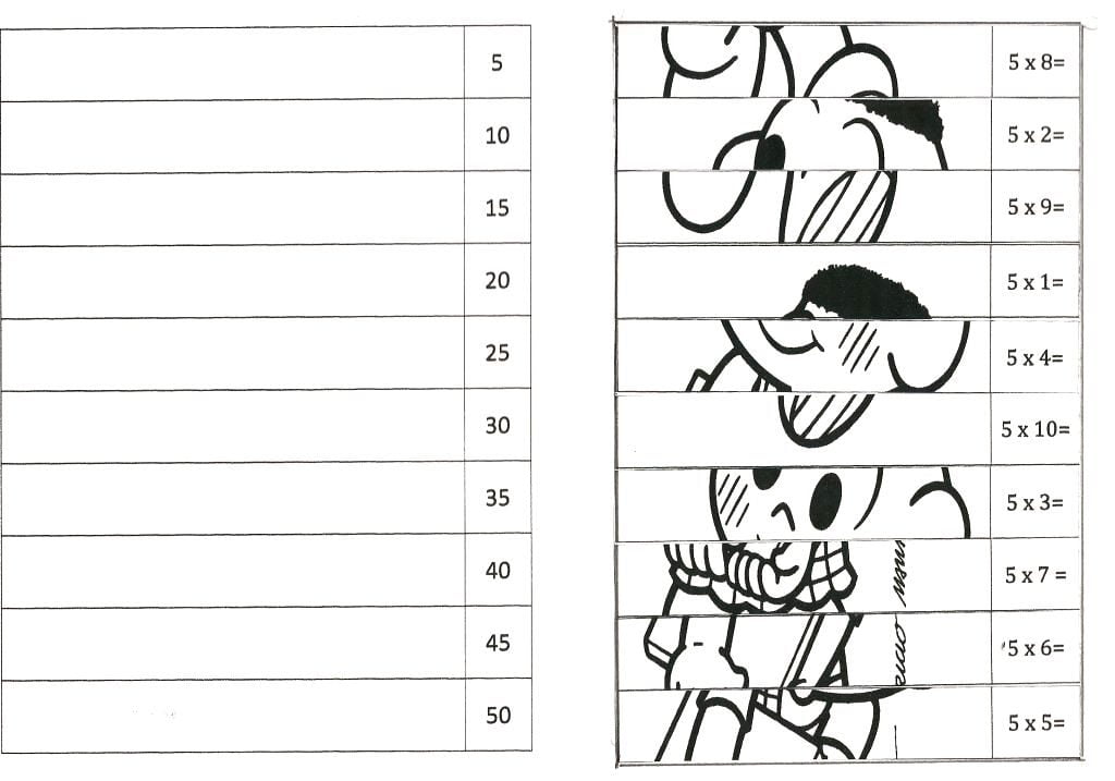 Exercício da tabuada do 5 para imprimir e calcular.