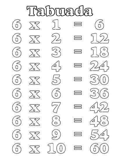 Tabuada de multiplicação do 6 para estudar e fazer exercícios de matemática.