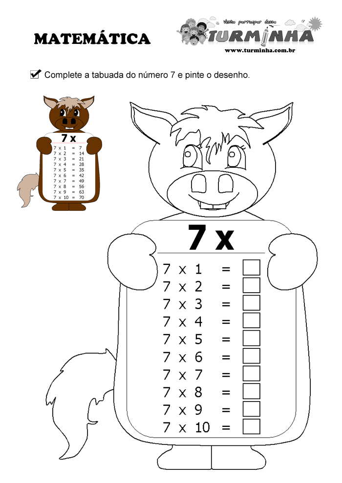 Exercício para fazer com a Tabuada do 7 de completar com o resultado.