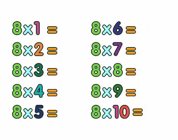 Tabuada do 8 para completar