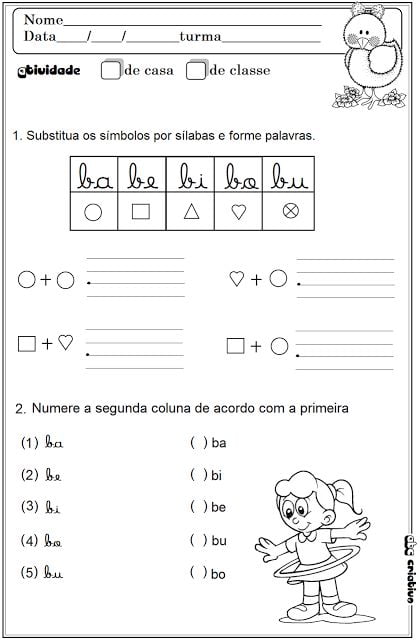 Substitua os símbolos por sílabas e forme palavras - atividades alfabetização.