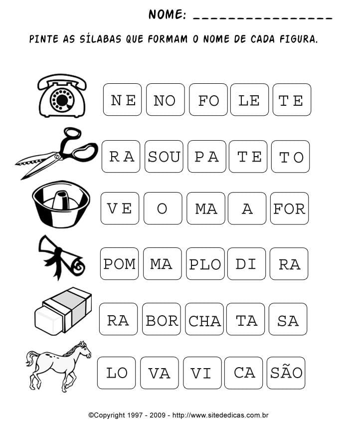 Atividades de alfabetização - Pinte as sílabas que formam o nome de cada figura.