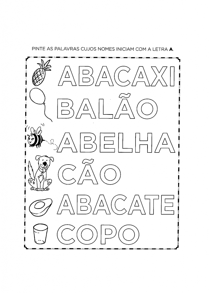 Atividade alfabeto para pintar as palavras cujos nomes iniciam com a letra A.