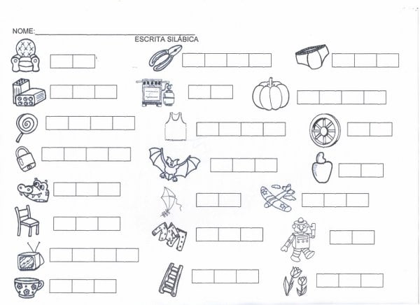Atividades para alfabetizar preencher os campos com as letras das palavras.