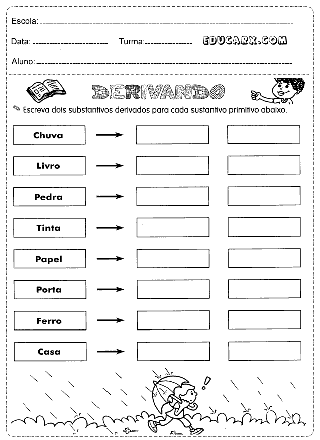 Atividades de substantivos derivados para cada substantivo primitivo de português.