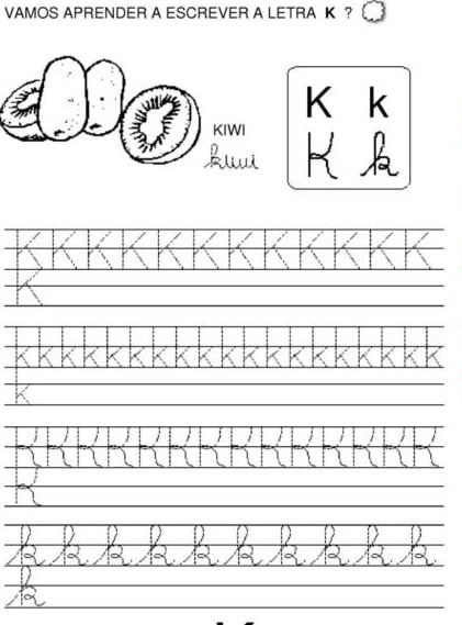 Atividades de Caligrafia Exercício para aprender a escrever a letra K.