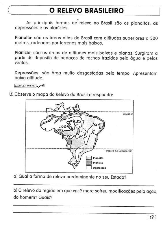 Atividade de Geografia 4º ano - o relevo brasileiro