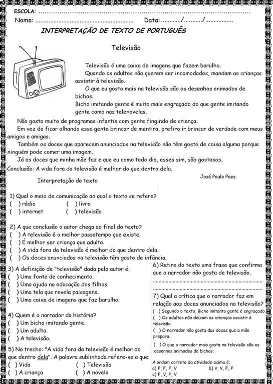 interpretação de texto 7 ano