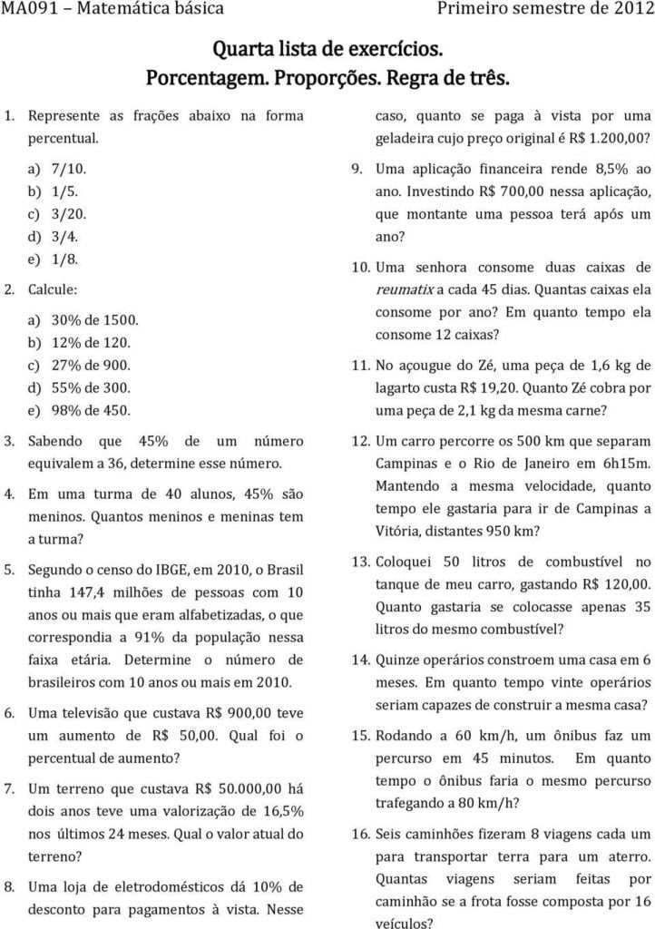 exercicios de porcentagem pdf - lista de atividades proporção e regra de três