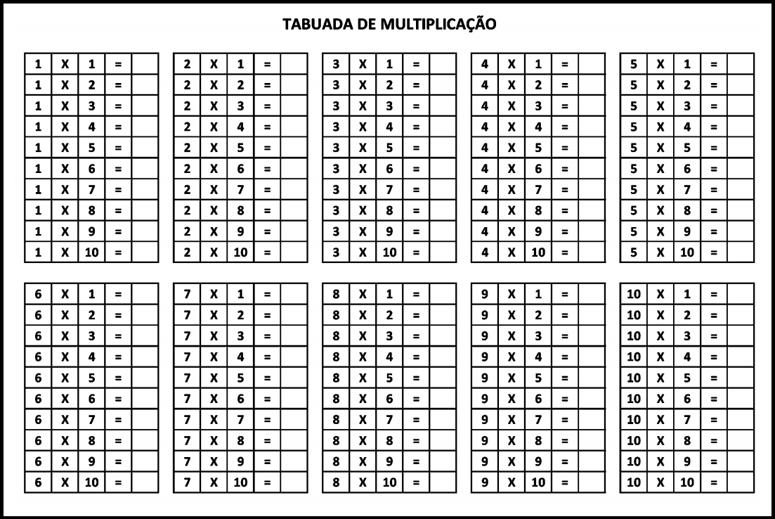 Tabuada Completa Para Imprimir De Multiplicação: 2, 3, 4, 5, 6, 7, 8, 9