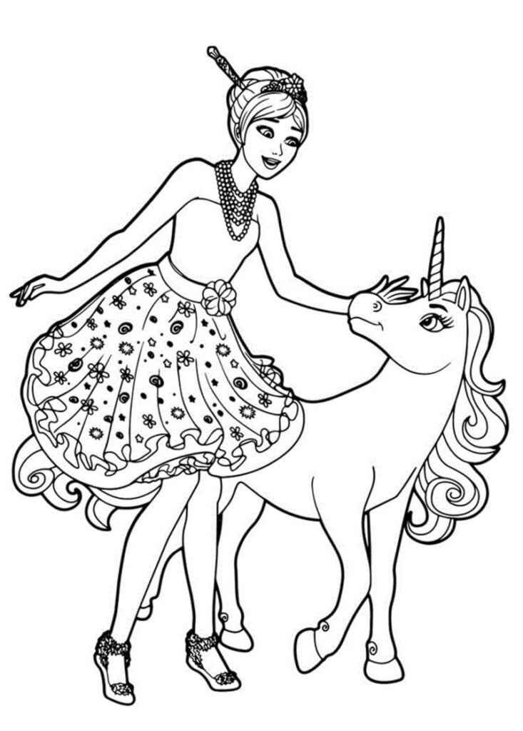 barbie com unicornio pra colorir