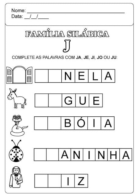 Família Silábica do J – Ja Je Ji Jo Ju – Atividades e exercícios com a letra