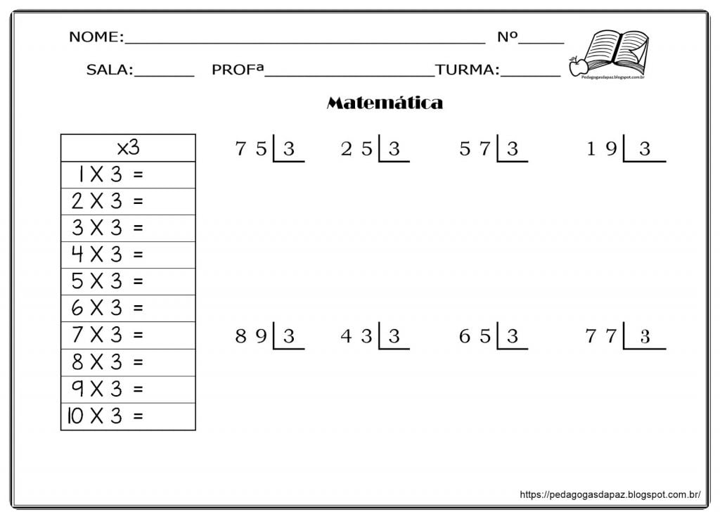 Atividades de divisão 3 para imprimir e estudar