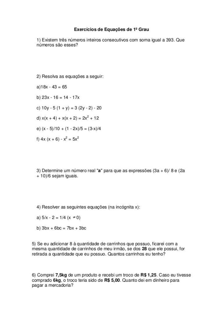 Exercícios de equação do 1 grau professores alunos