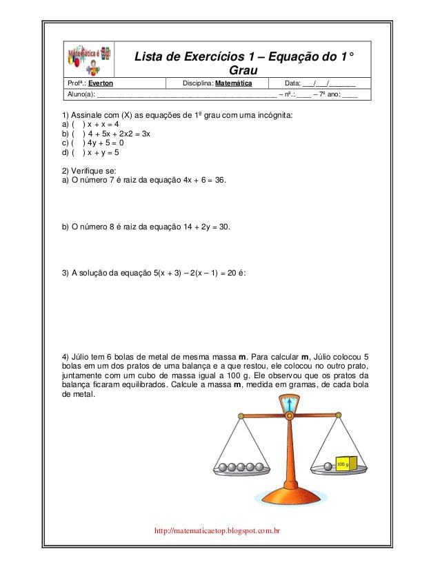 Exercícios de equação do 1 grau sala de aula