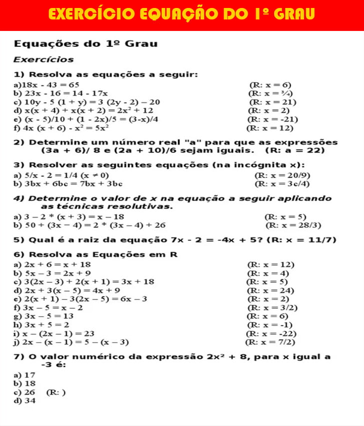 Equação do 1 grau exercícios para imprimir