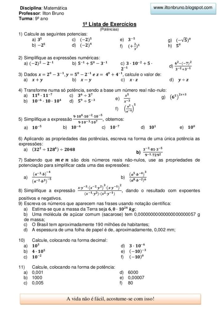 Exercícios de potenciação