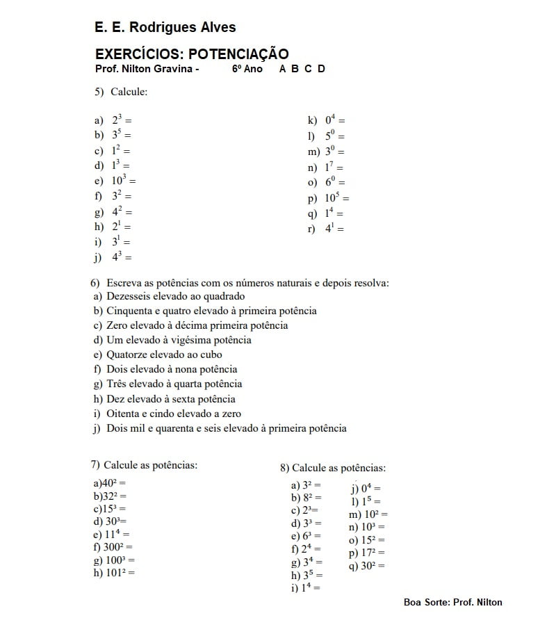 Exercícios de potenciação para atividades