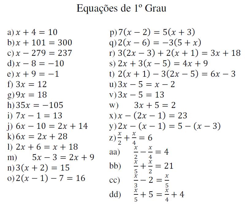 equação do 1 grau exercicios