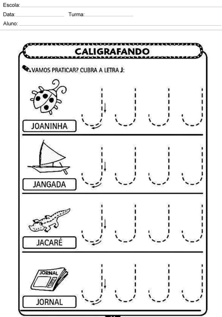 exercicios com a letra J caligrafia