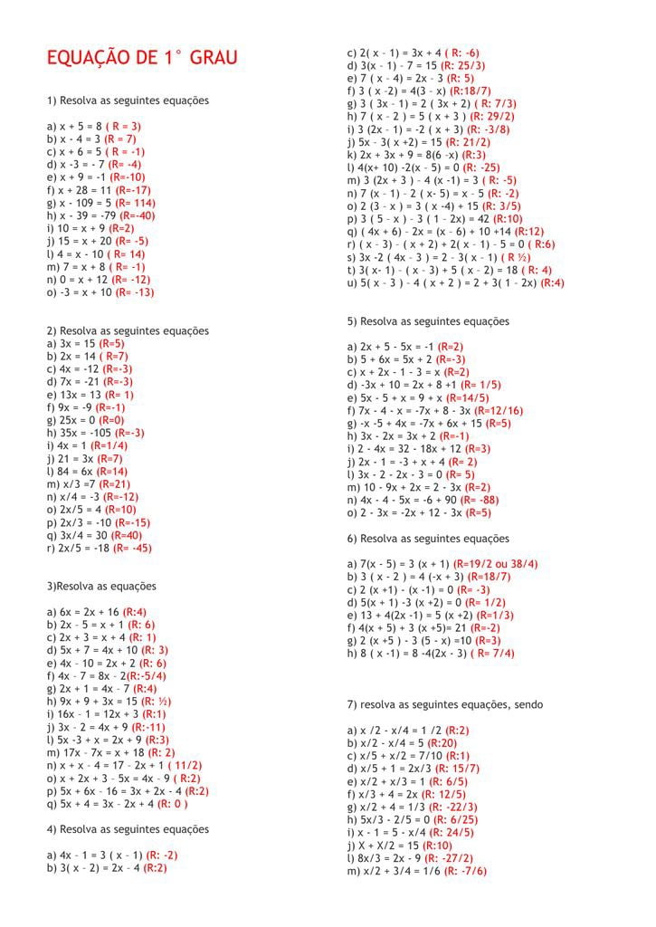 sistema de equação do 1 grau exercícios