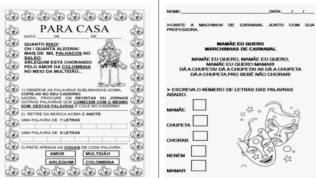 Atividades de carnaval para 2º educação infantil