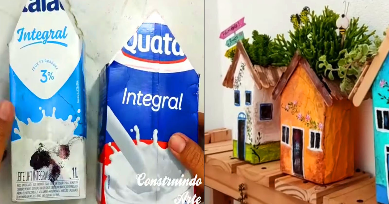 Casinha Cachepo com Caixa de Leite artesanato reciclavel