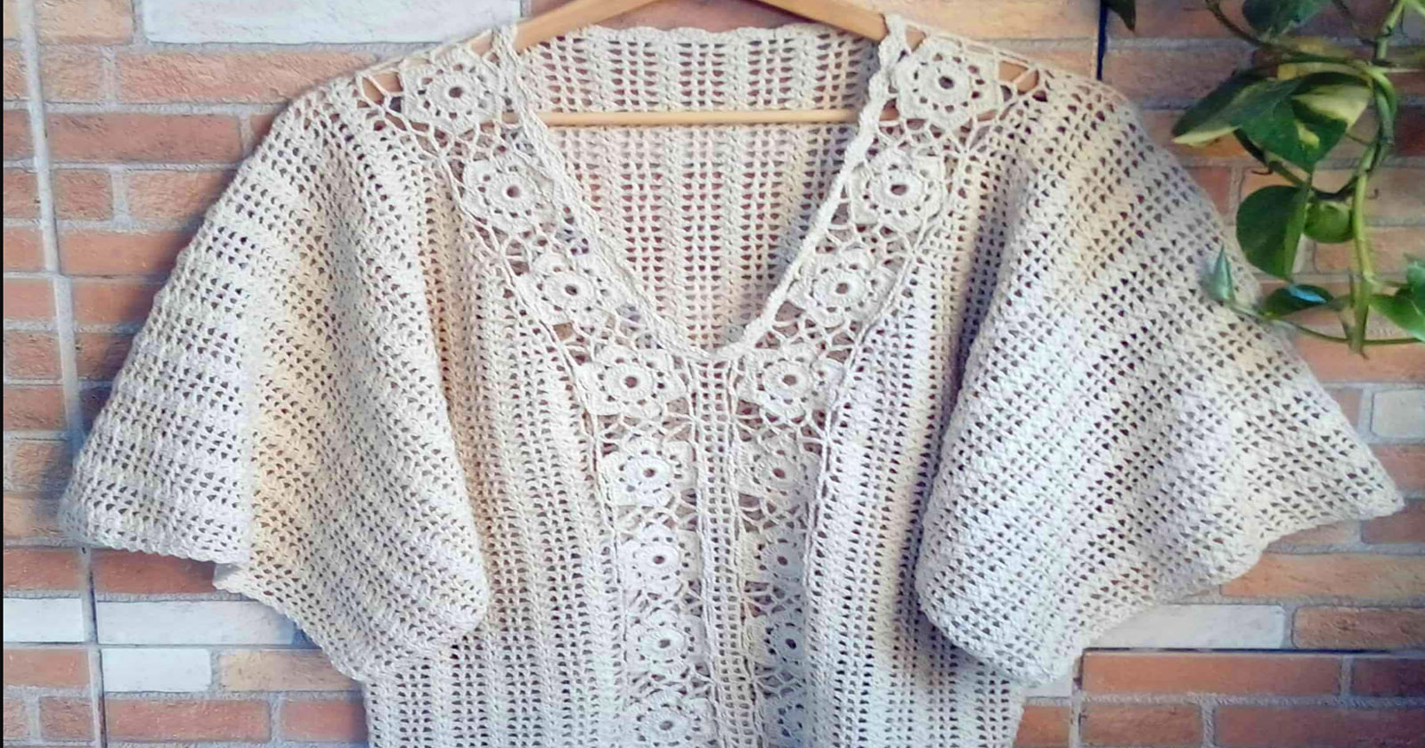 blusa de croche gola v manga longa